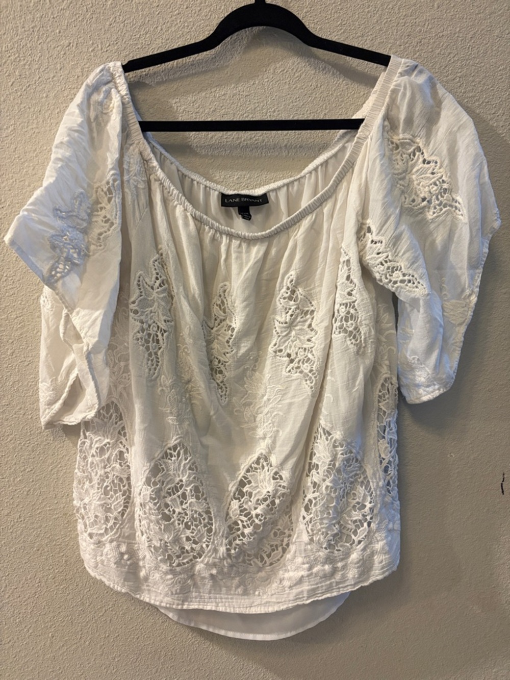 Lane Bryant White Lace-Inset Scoop Neck Blouse